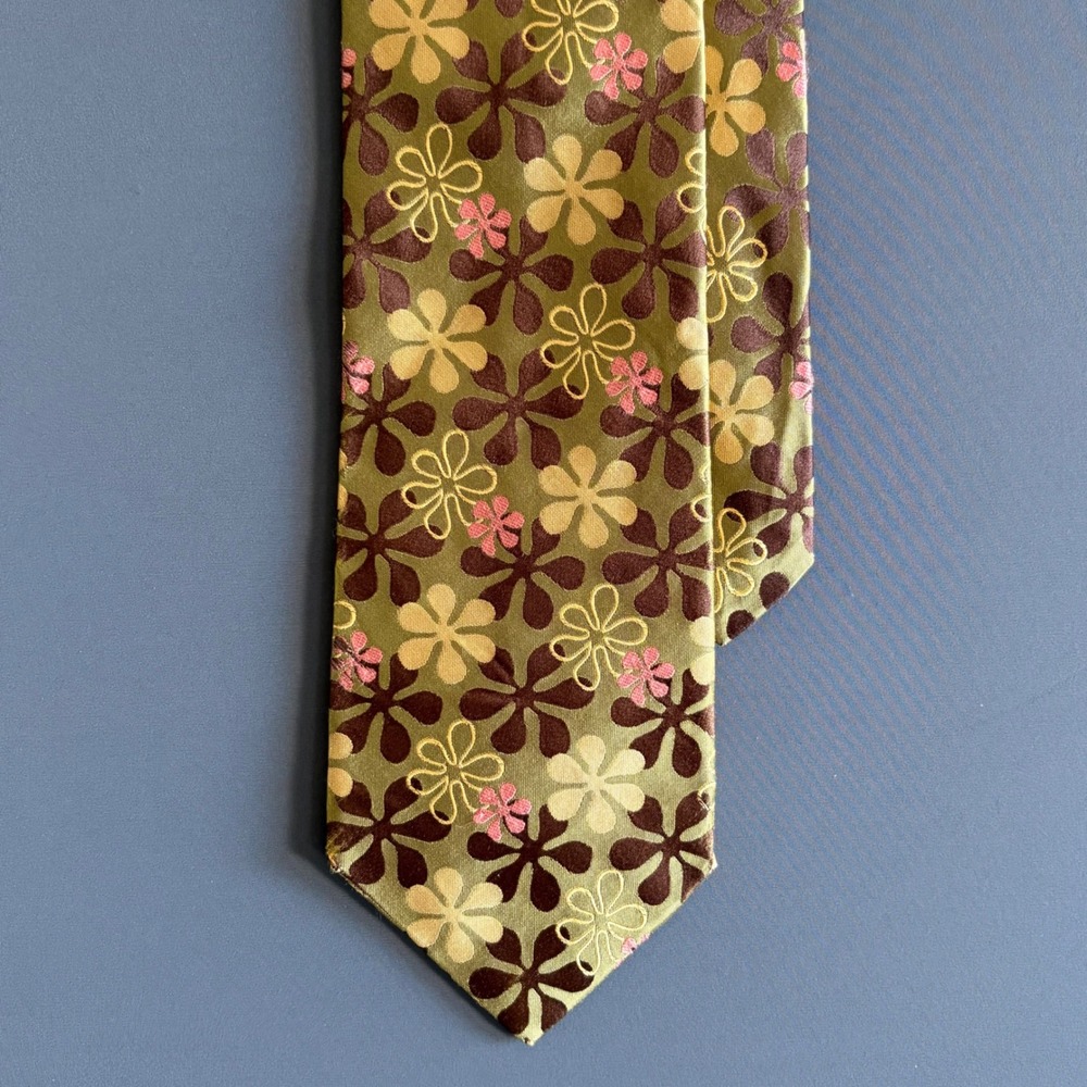 Ted Baker Silk Tie | 1960s Floral Flower Power | W 4" L 59" | Olive Brown Pink